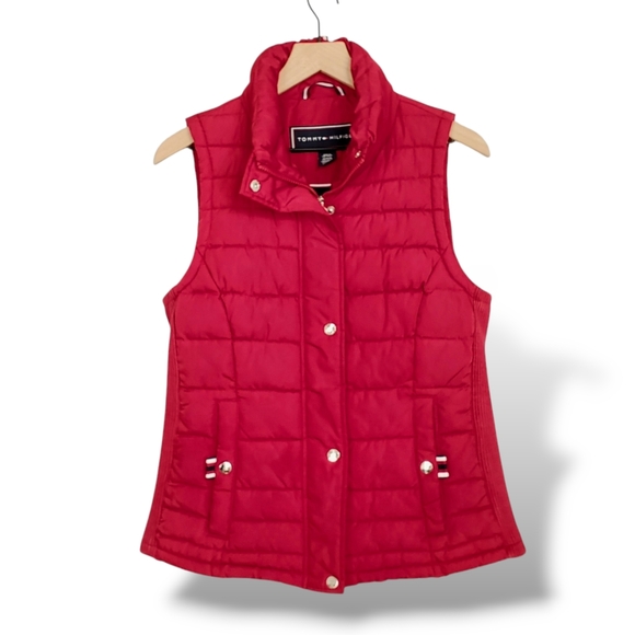 Tommy Hilfiger Women’s Red Puffer Vest Jacket ❤️ Zippered & Snaps Side Pockets - Picture 1 of 17